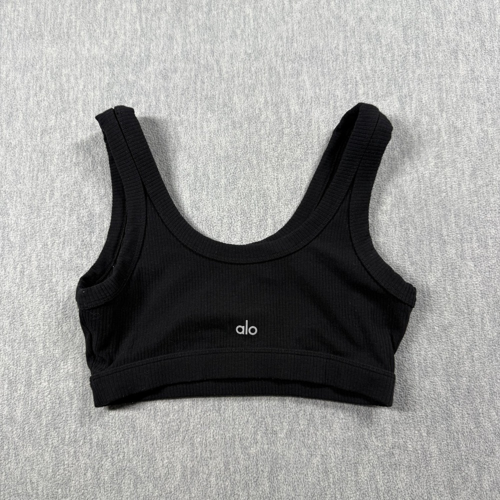 Alo Yoga Sports Bra Womens M Black Ribbed Seamless Scoop Neck Workout Crop Top